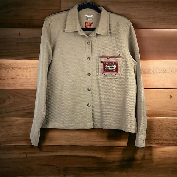 Christopher & Banks Tan Quilted Embroidered Canoe and Moose Themed Shirt M - Picture 1 of 12